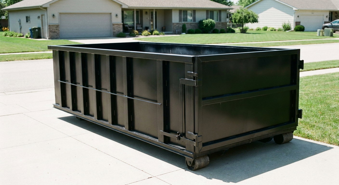 Matte-black 10-yard roll-off dumpster on a residential concrete driveway in Kenosha, uniformly painted matte black across every panel and rail, ribbed steel sidewalls and rear swing door visible, mid-day daylight.