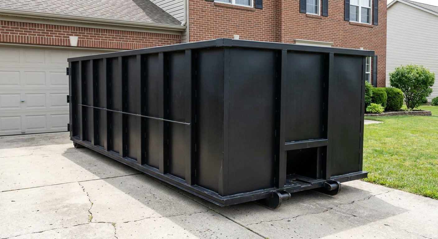 Matte-black 20-yard roll-off container on a Kenosha residential concrete driveway with reinforced ribbed steel sidewalls and a hinged rear walk-in door, clean bright daylight.