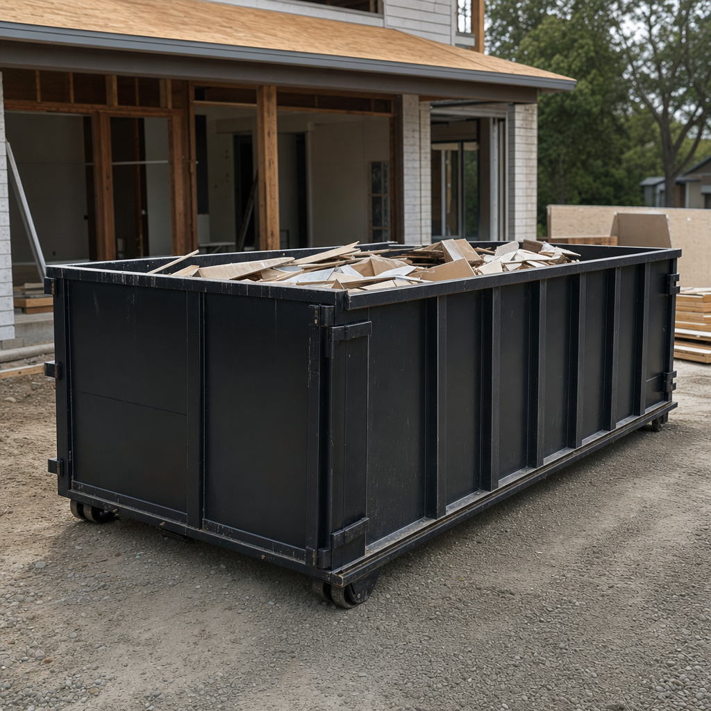 Large matte-black 30-yard construction roll-off dumpster at an active Kenosha jobsite, steel-gray top rails and bottom rollers visible, loaded with construction debris.