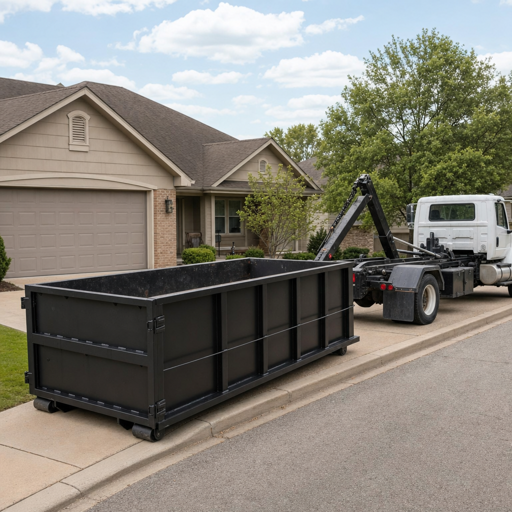 Wide documentary shot of a matte-black roll-off dumpster on a Kenosha residential driveway in the foreground and a contractor jobsite container in the soft-focus background, bright daylight, calm and orderly composition.