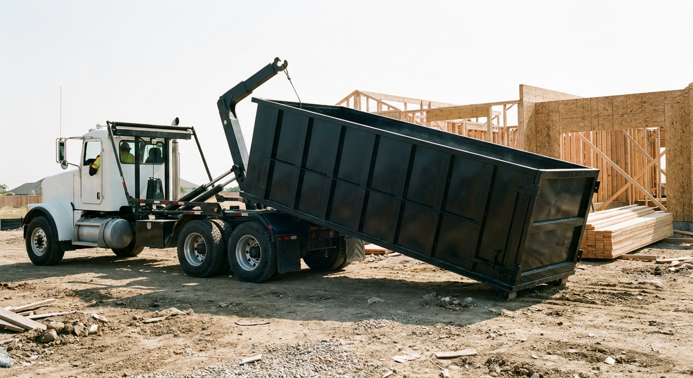 Matte-black roll-off dumpster being delivered onto a clean residential concrete driveway in Kenosha by an unmarked white hooklift hauler truck, bright morning daylight, documentary 35mm perspective.